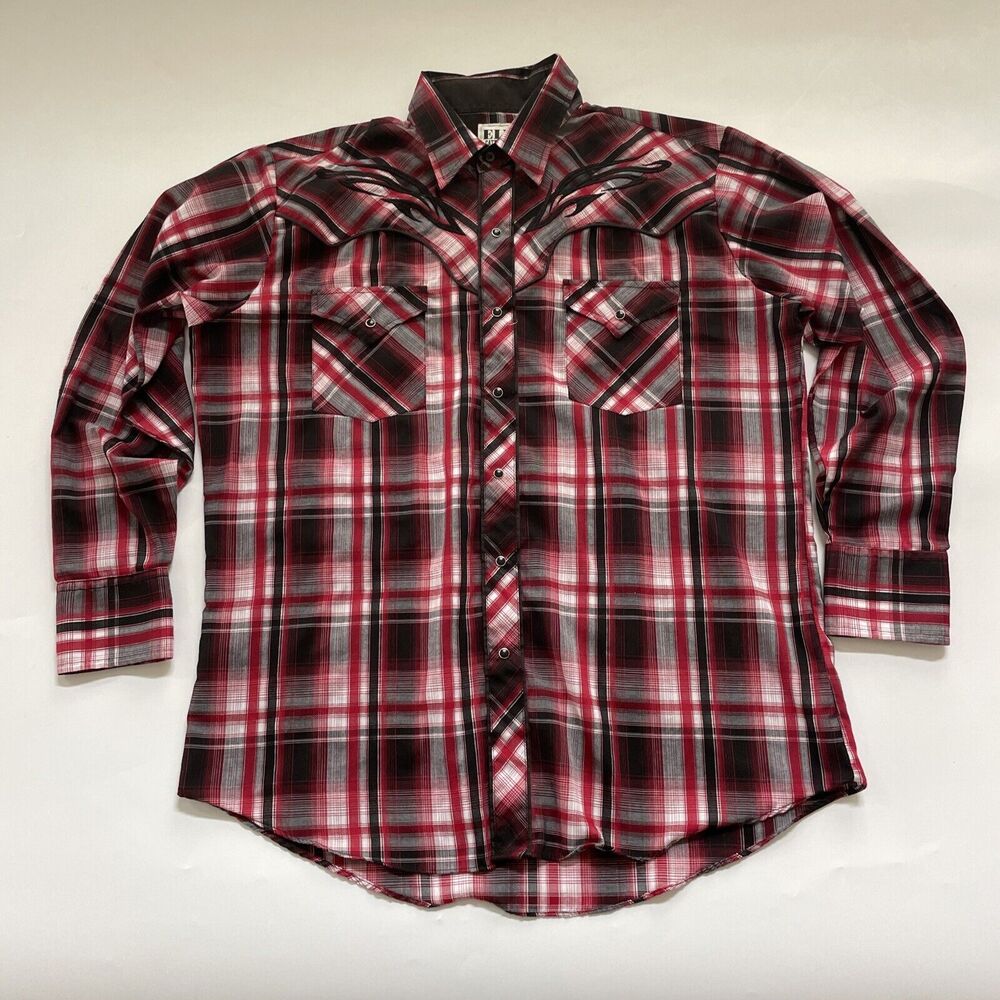 Ely Cattleman Pearl Snaps Cowboy Shirt Mens Large Plaid Tribal Embroidered Rodeo